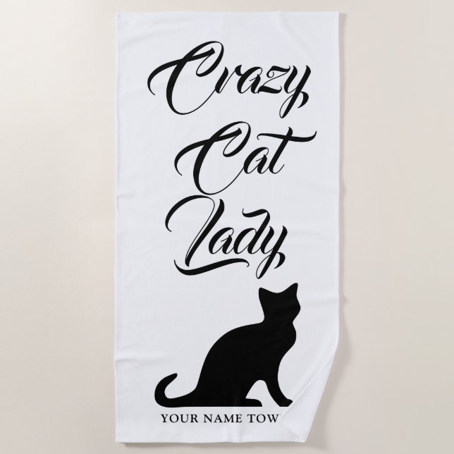 Funny Crazy Cat Lady beach towel for cat lovers (Front)