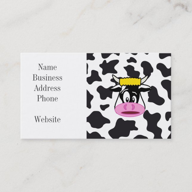 Funny Crazy Cow Bull on Dairy Cow Print Pattern Business Card (Front)