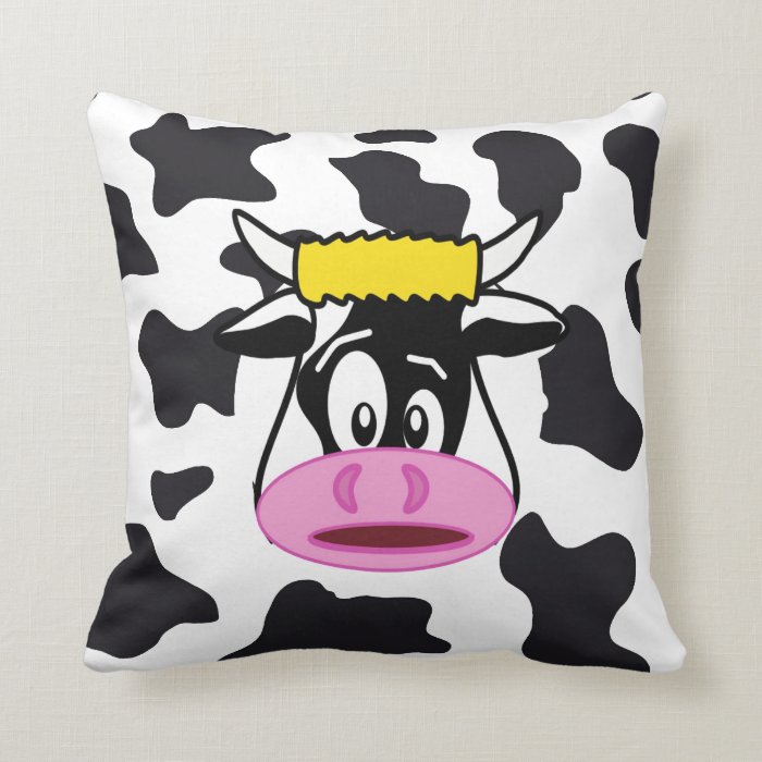 Funny Crazy Cow Bull on Dairy Cow Print Pattern Throw Pillows