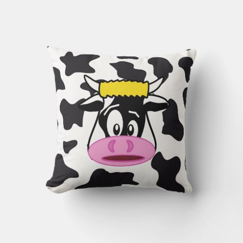 Funny Crazy Cow Bull on Dairy Cow Print Pattern Throw Pillow