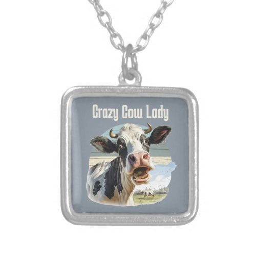 funny crazy cow lady add text silver plated necklace