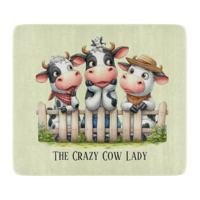 Funny crazy cow lady customizable cutting board (Front)
