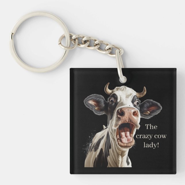 Funny crazy cow lady customizable keychain (Front)