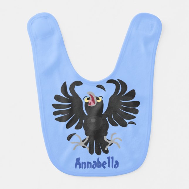 Funny crazy crow raven cartoon illustration baby bib (Front)