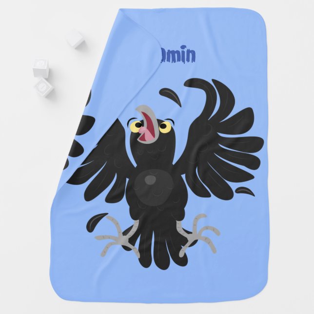 Funny crazy crow raven cartoon illustration baby blanket (In Situ)