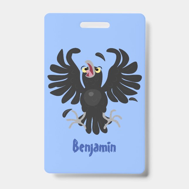 Funny crazy crow raven cartoon illustration badge (Front)