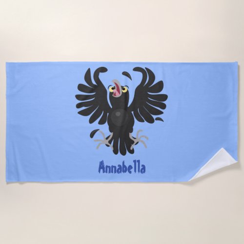 Funny crazy crow raven cartoon illustration beach towel