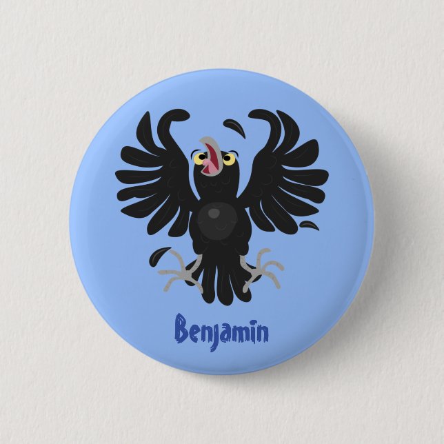 Funny crazy crow raven cartoon illustration button (Front)