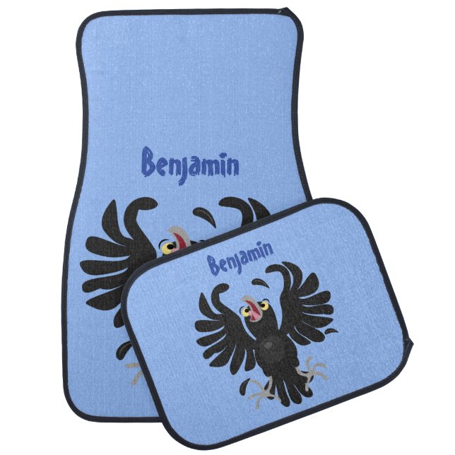 Funny crazy crow raven cartoon illustration  car floor mat (Set)