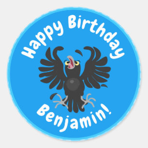 Funny crazy crow raven cartoon illustration classic round sticker