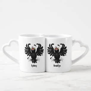 Funny crazy crow raven cartoon illustration coffee mug set