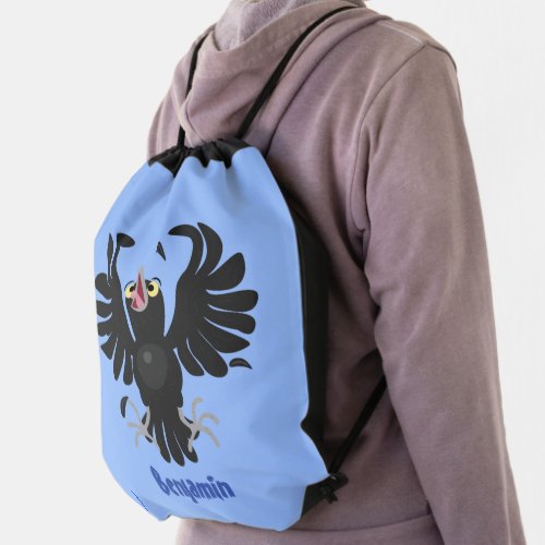 Funny crazy crow raven cartoon illustration drawstring bag