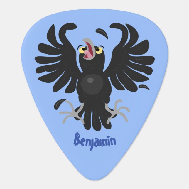 Funny crazy crow raven cartoon illustration  guitar pick (Front)