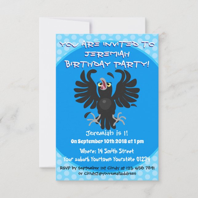 Funny crazy crow raven cartoon illustration invitation (Front)