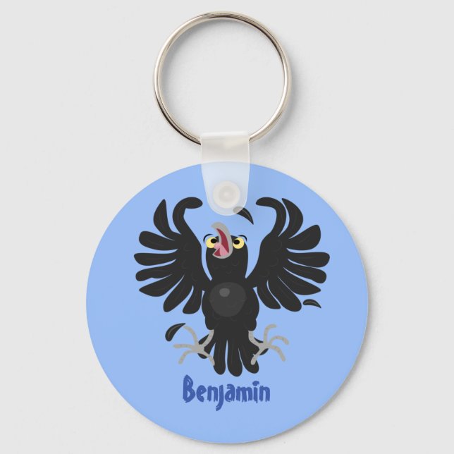 Funny crazy crow raven cartoon illustration keychain (Front)