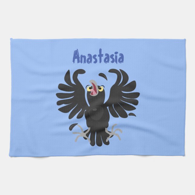 Funny crazy crow raven cartoon illustration kitchen towel (Horizontal)