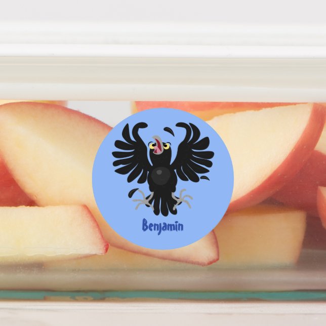 Funny crazy crow raven cartoon illustration labels (Affixed)