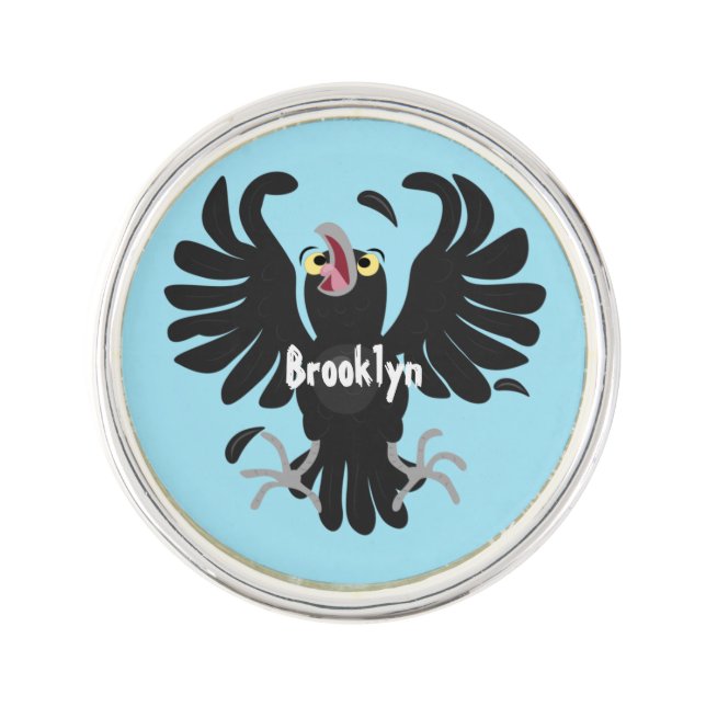 Funny crazy crow raven cartoon illustration lapel pin (Front)