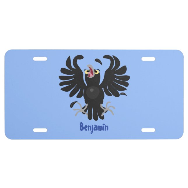 Funny crazy crow raven cartoon illustration license plate (Front)