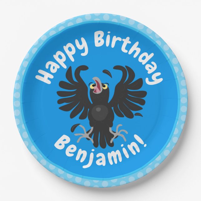 Funny crazy crow raven cartoon illustration paper plates (Front)