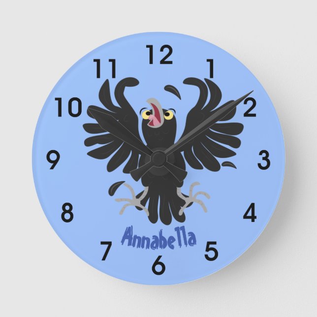 Funny crazy crow raven cartoon illustration round clock (Front)
