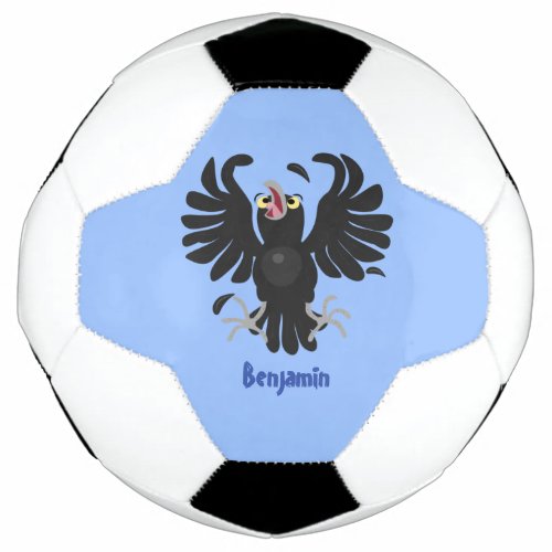 Funny crazy crow raven cartoon illustration soccer ball