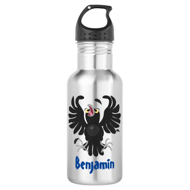 Funny crazy crow raven cartoon illustration stainless steel water bottle (Front)