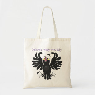 Funny crazy crow raven cartoon illustration tote bag