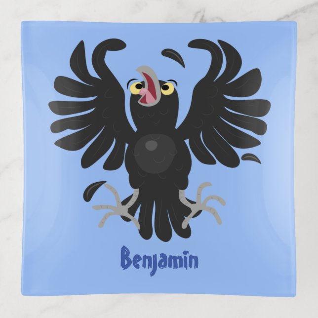 Funny crazy crow raven cartoon illustration trinket tray (Front)
