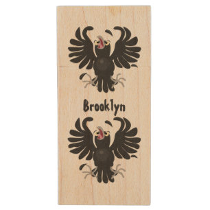 Funny crazy crow raven cartoon illustration wood flash drive