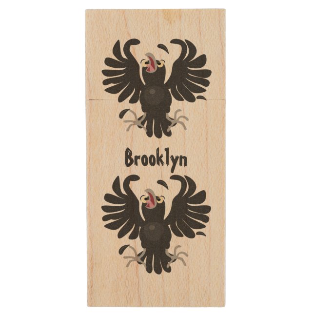 Funny crazy crow raven cartoon illustration wood flash drive (Front Vertical)