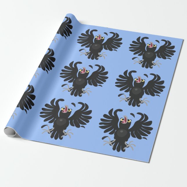 Funny crazy crow raven cartoon illustration wrapping paper (Unrolled)