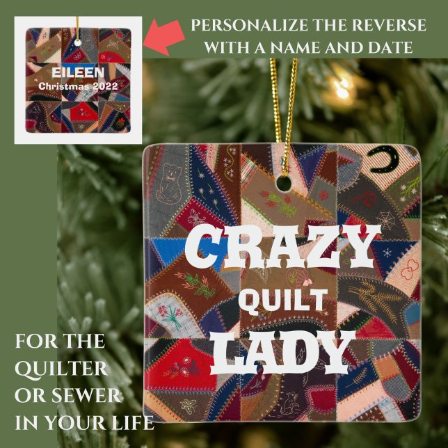 Funny "Crazy Quilt Lady" Custom Patchwork Quilt Ceramic Ornament (This fun vintage crazy quilt pattern ornament is for the quilter or sewer in your life! )