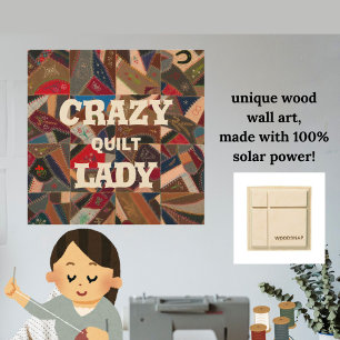 Funny "Crazy Quilt Lady" Vintage Patchwork Quilt Wood Wall Art