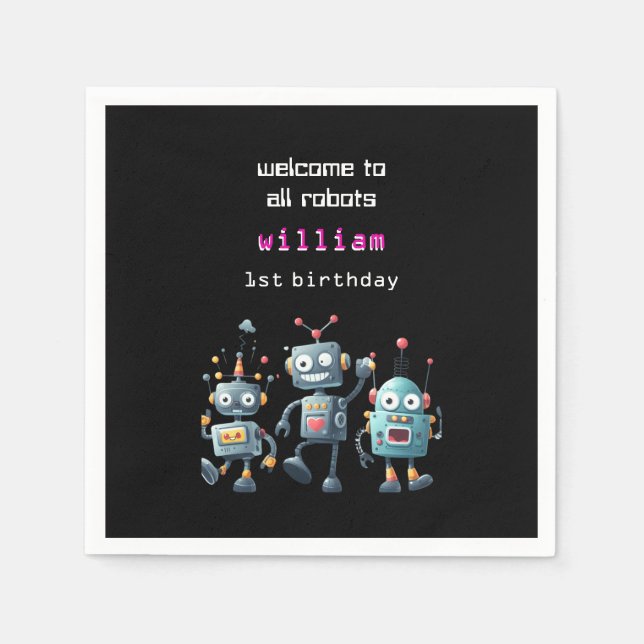 funny crazy robot birthday invitation napkins (Front)