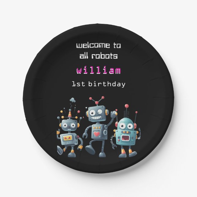 funny crazy robot birthday invitation paper plates (Front)
