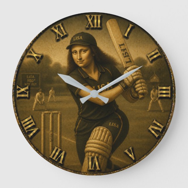 Funny Cricket Mona Lisa Batsman Gift  Large Clock (Front)