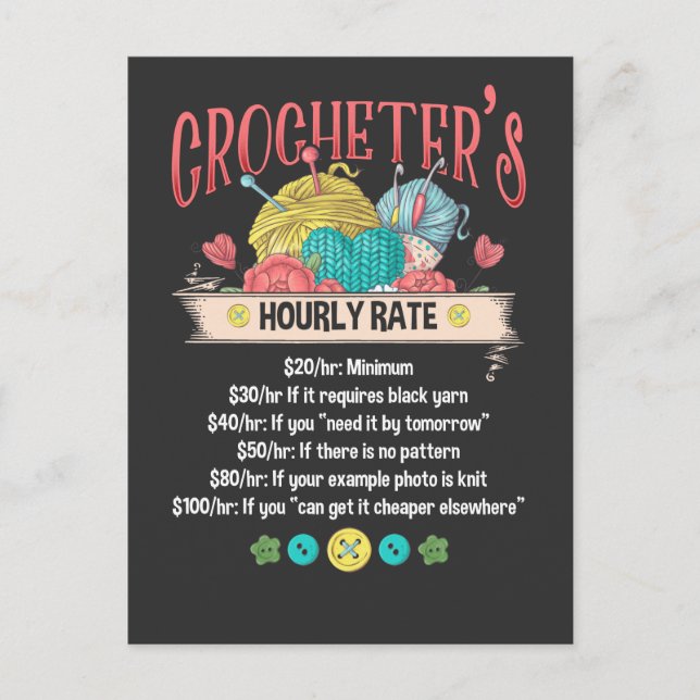 Funny Crocheter Hourly Rate Crocheting Woman Quote Postcard (Front)