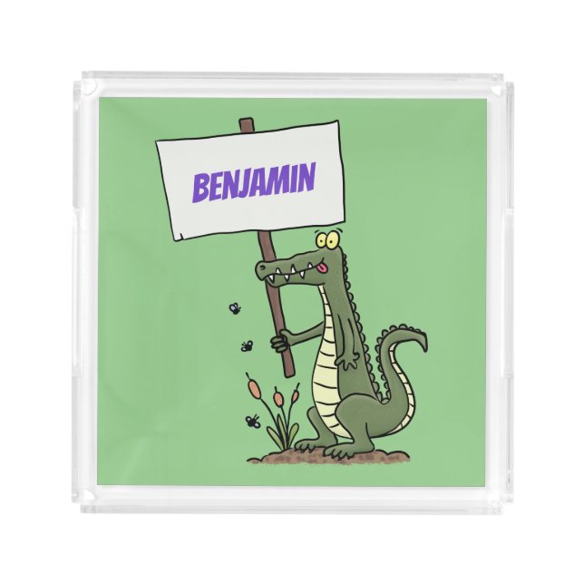 Funny crocodile aligator with sign cartoon acrylic tray (Front)