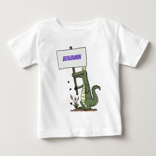 Funny crocodile aligator with sign cartoon baby T-Shirt (Front)