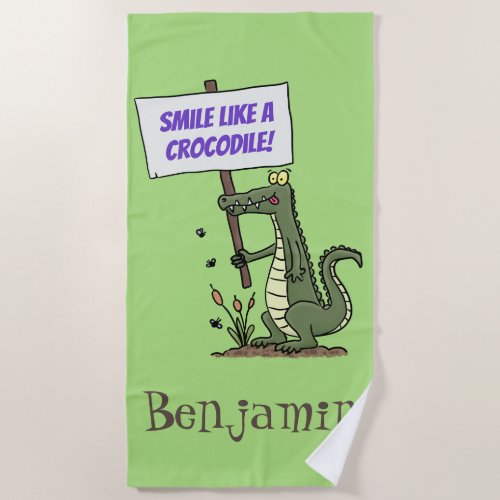 Funny crocodile aligator with sign cartoon beach towel