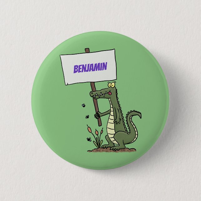 Funny crocodile aligator with sign cartoon button (Front)