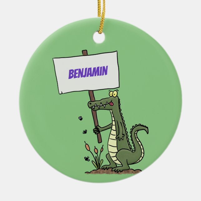 Funny crocodile aligator with sign cartoon ceramic ornament (Front)