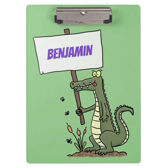 Funny crocodile aligator with sign cartoon clipboard (Front)