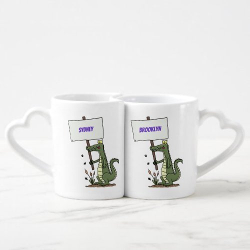 Funny crocodile aligator with sign cartoon coffee mug set