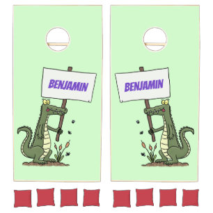 Funny crocodile aligator with sign cartoon cornhole set