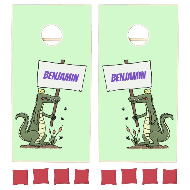 Funny crocodile aligator with sign cartoon cornhole set (Set)