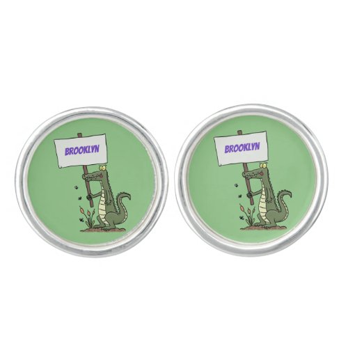 Funny crocodile aligator with sign cartoon cufflinks