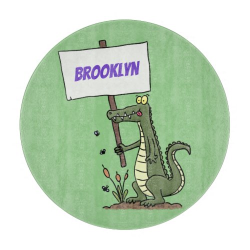 Funny crocodile aligator with sign cartoon cutting board