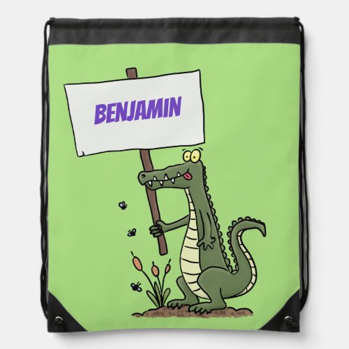 Funny crocodile aligator with sign cartoon drawstring bag